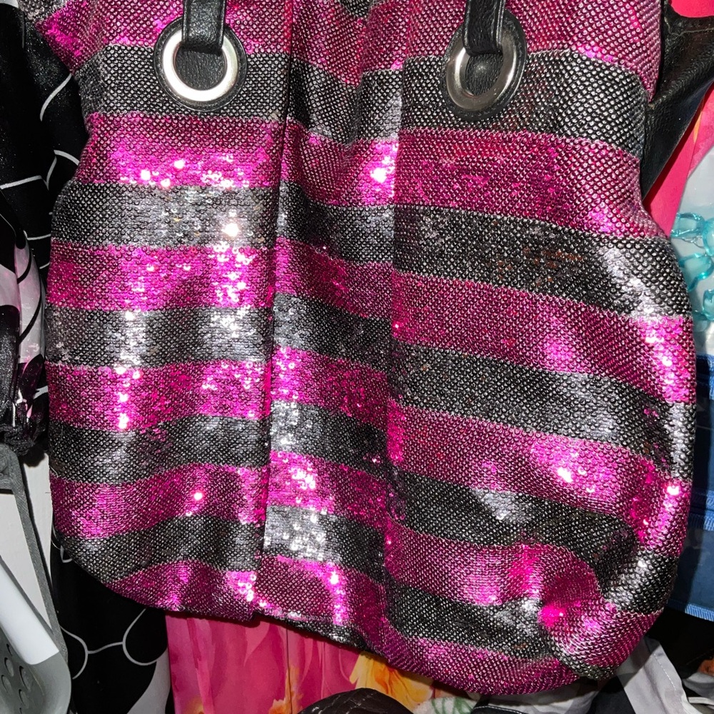 Pink and Black Striped Shoulder Bag